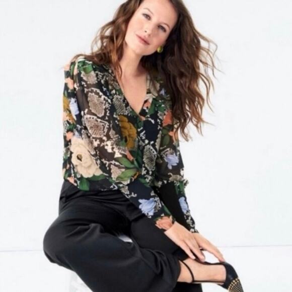 CABI 3762 Womens LARGE Snake Charmer Sheer Dark Floral Blouse Top Balloon Sleeve - Picture 14 of 16